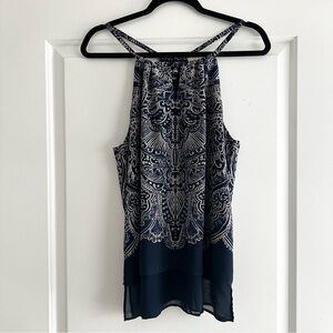 Sam Edelman Navy and White Patterned Halter Neck Sleeveless Layered Blouse